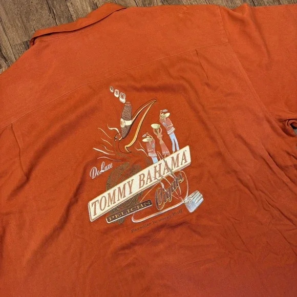 Tommy Bahama Silk Camp Shirt Mens 2XL Orange Pelican Cigars Embroidered Loop - Picture 1 of 12
